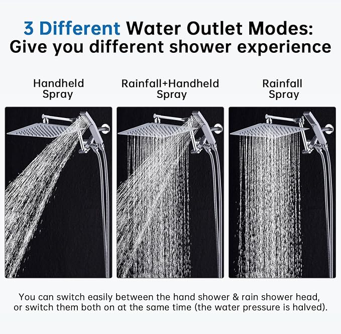 G-Promise All Metal 10 Inches Rainfall Shower Head with Handheld Spray Combo, 3 Settings Diverter, Adjustable Extension Arm with Lock Joints, 71 Inches Stainless Steel Hose (Chrome)