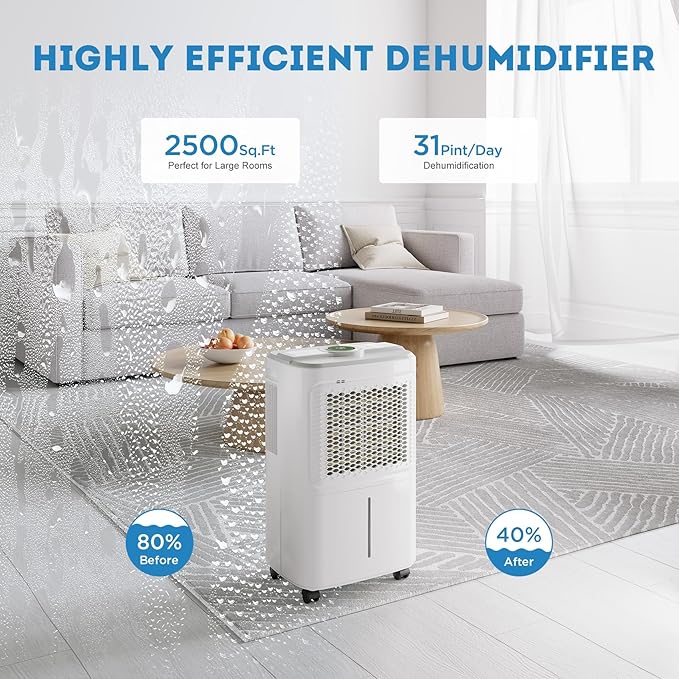 Dehumidifier for Basement, Home Dehumidifiers with Drain Hose for Large Room Bathroom, Auto Drain or Manual Drainage (31 pint)