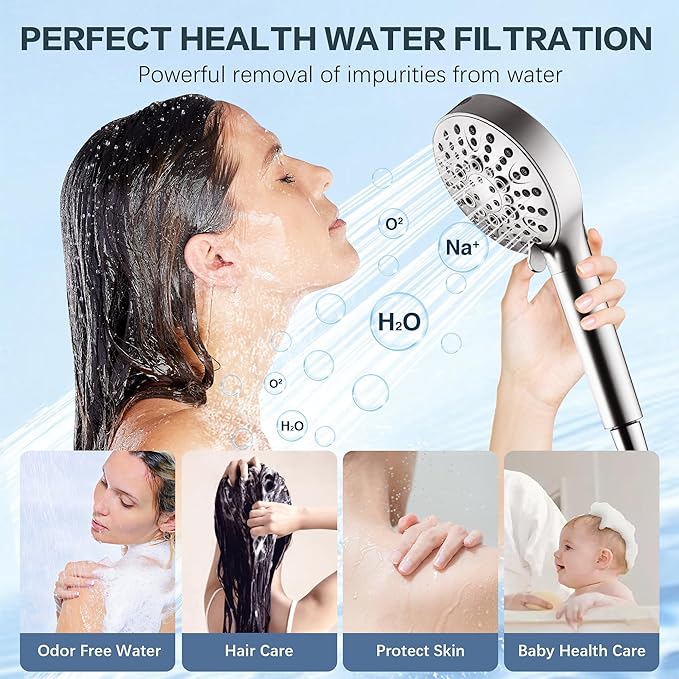 BRIGHT SHOWERS Filtered Shower Head with Handheld, High Pressure 9 Spray Mode Showerhead with Long Hose and Bracket, Water Softener Filters Beads for Hard Water - Removes Chlorine, Brushed Nickel