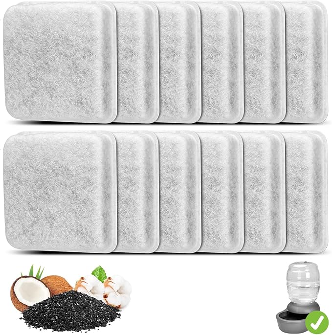 12 Pack Charcoal Replacement Filters for 0.5/1/2.5/4 GAL Gravity Waterer, YOIHABV Cat Fountain Filters, Dog Water Dispenser Filters, Pet Fountain Filter Replacement, Control Chlorine and Odor