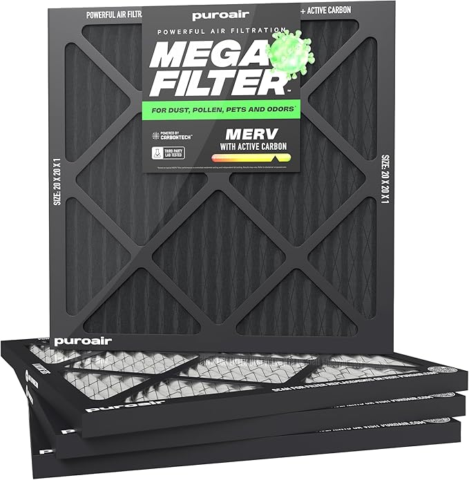 PuroAir Mega Filter - MERV 13 20x20x1 Air Filters For Home With Activated Carbon - Filters Allergens, Pet Dander, Smoke, Dust - Furnace and AC Filters - Air Filters 20x20x1 MERV 13 (4 Pack)