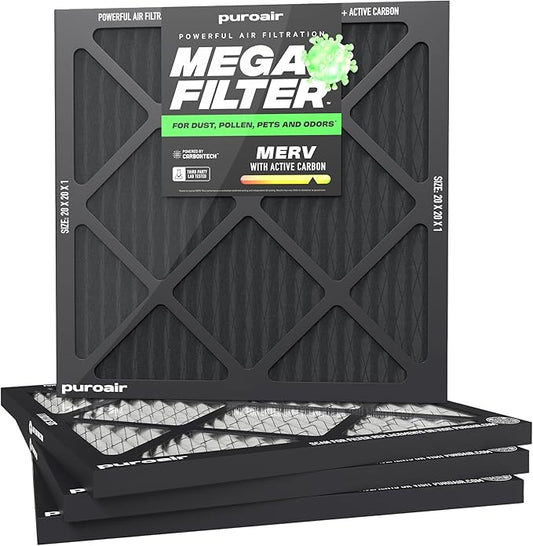 PuroAir Mega Filter - MERV 13 20x20x1 Air Filters For Home With Activated Carbon - Filters Allergens, Pet Dander, Smoke, Dust - Furnace and AC Filters - Air Filters 20x20x1 MERV 13 (4 Pack)