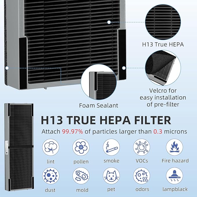 APPLIANCEMATES FLT4825 Filter B Smoke Clear HEPA Replacement for Germ Guardian AC4825 AC4300 AC4800 AC4900 AC4850,2 True HEPA Filters & 8 Activated Carbon Pre-Filters,FLT4825SM,Gray