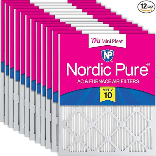 Nordic Pure 12x12x1 (Actual Size: 11 3/4 x 11 3/4 x 3/4) Tru Mini Pleat MERV 10 AC Furnace Air Filters – 2.5X More Media for Longer-Lasting, High-Efficiency Filtration - 12 Pack