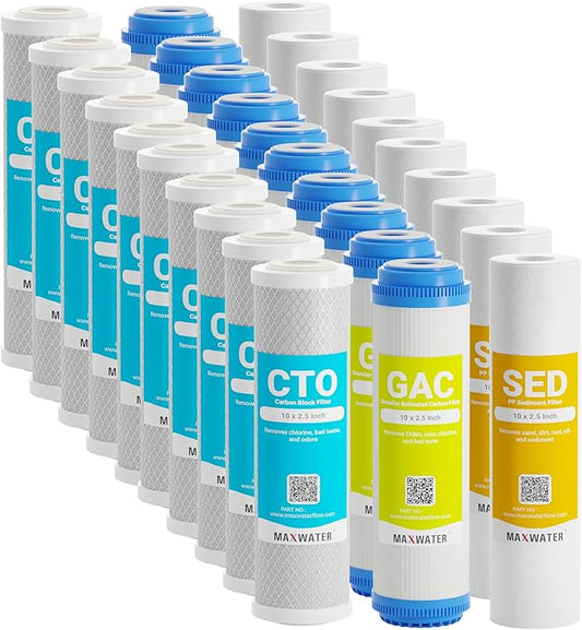 Max Water 5 Micron Replacement 10 x 2.5 inch Filter Cartridge Set For Standard RO | Reverse Osmosis Water Filter Systems - PP Sediment, GAC & CTO | Compatible with AP110, WHKF-GD05, WHKF-WHWC, GAC-10