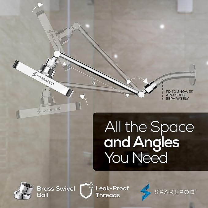 SparkPod Square Rain Shower Head with Extension Arm - Height Adjustable Shower Head with High Pressure Performance - Easy 1-Minute Installation (11" Arm Extension, Luxury Polished Chrome)