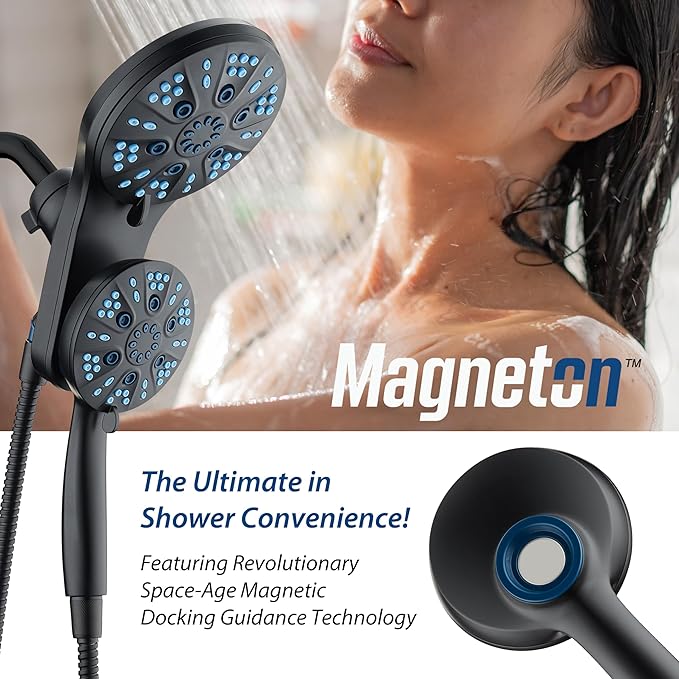AquaCare Magneton High-Pressure 48-mode Luxury 3-way Combo System with Magnetic Guidance Docking, Giant Rain & Handheld Shower Head, Hygienic Jets and 6 ft. Stainless Steel Hose, Matte Black Finish