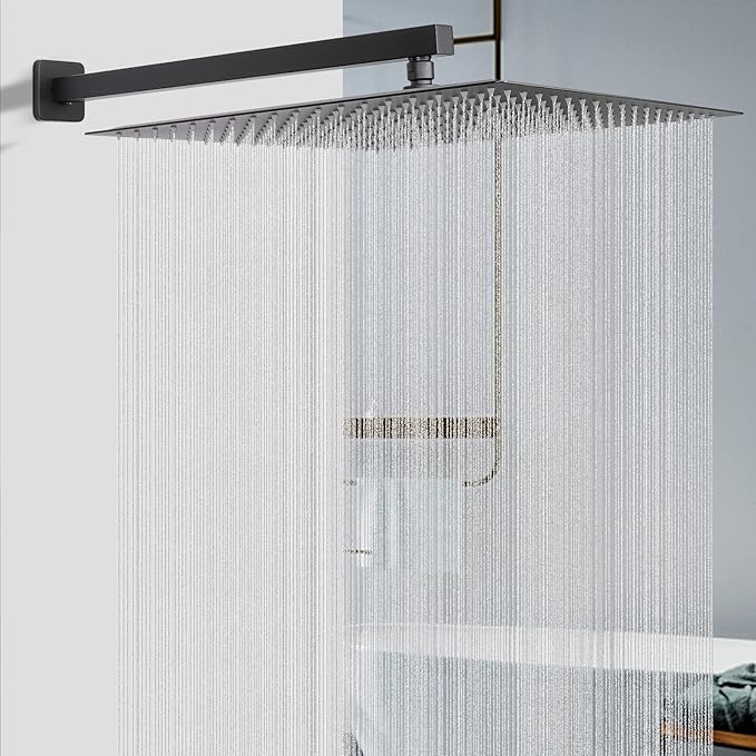 HarJue Shower Head with Extension Arm, High Pressure Square with ShowerArm, Stainless Steel Rainfall-Waterfall Full Body Coverage (16'' Shower with 20'' Arm, Matte Black)