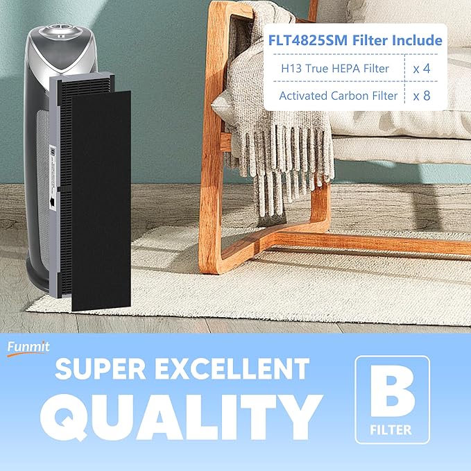 FLT4825SM HEPA Filter B Smoke Clear Replacement Compatible with G-Guardian AC4825, AC4300, AC4900, AC4825DLX, AC4850 Air Purifier, 4 H13 True HEPA Filters + 8 Activated Carbon Pre-Filters, Gray