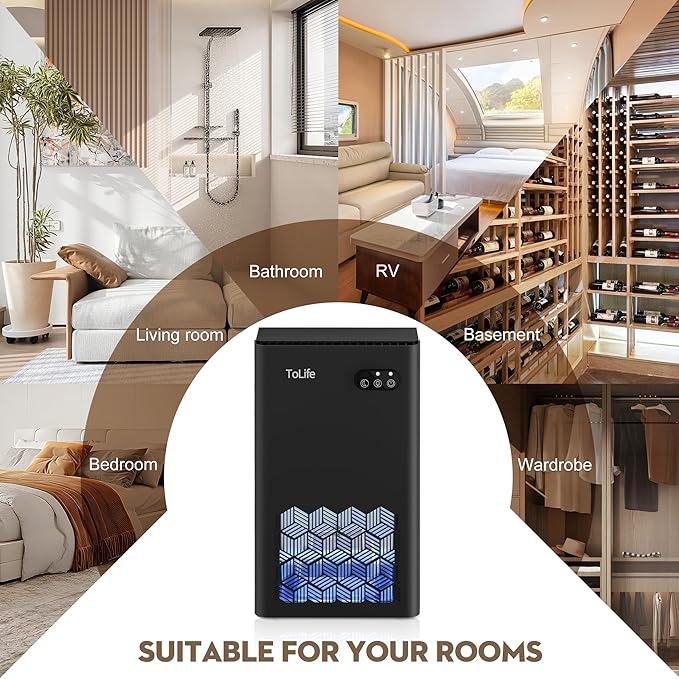 ToLife Dehumidifiers for Home, 1000 sq.ft Dehumidifier for Basement Bedroom Bathroom with 95 OZ Water Tank, Auto Shut Off 7 Colors LED Light, Black