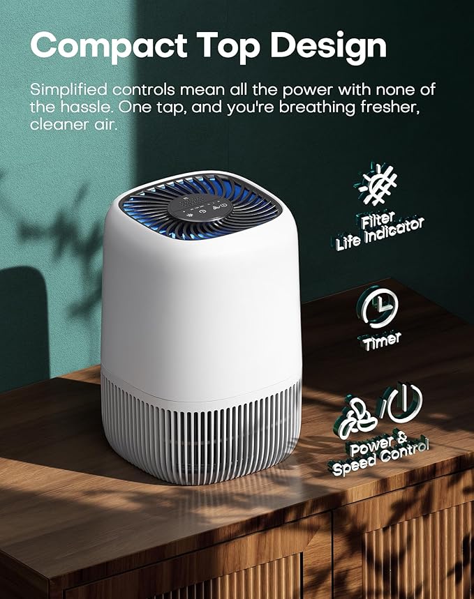 Air Purifiers for Home with H13 True HEPA Filter Up to 1076 Ft² for Pet Hair, Odors, Pollen, Smoke, Compact Air Cleaner with 3 Speeds, Timer, Aroma Quiet 360°Intake Filter, White