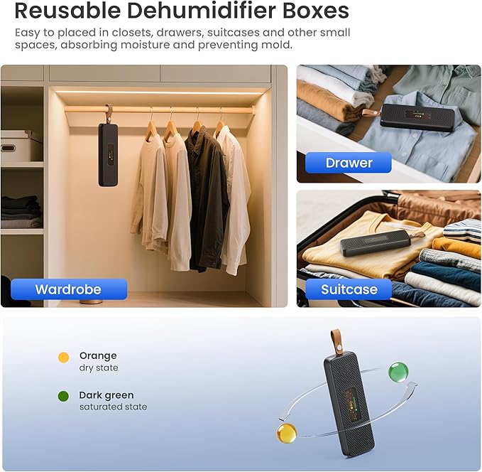 Dehumidifiers for Bathroom with Moisture Absorber Bag Reusable, 68 OZ Water Tank Portable Quiet Dehumidifier for Bedroom with Auto Shut Off, 7 Colors LED Light for Home, RV, Garage, apartment, Black