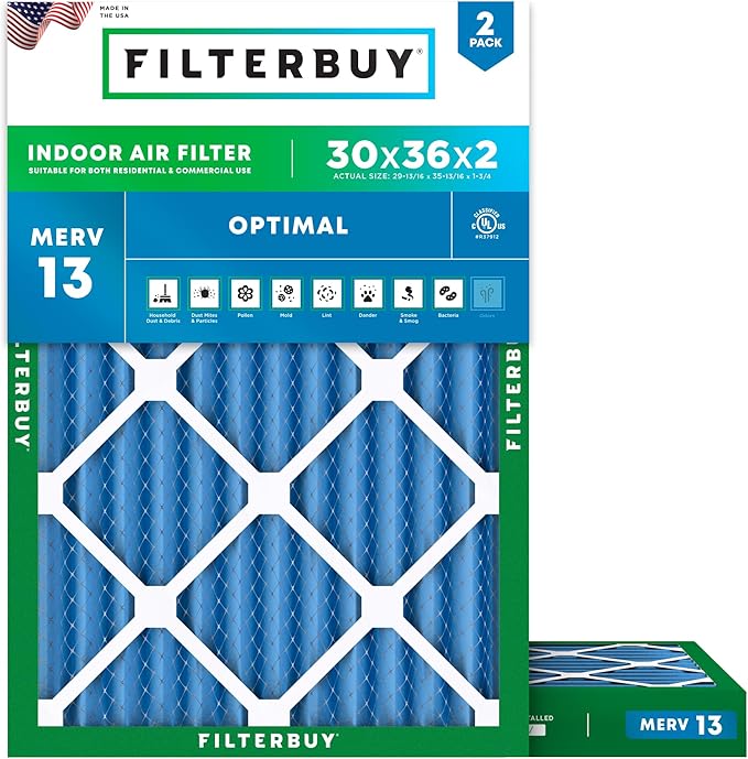 Filterbuy 30x36x2 Air Filter MERV 13 (MPR 1900) Health Defense Replacement (2-Pack), Electrostatic Pleated HVAC AC Furnace Filters, Made in USA (Actual Size: 29.81 x 35.81 x 1.75)