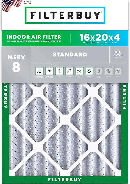 Filterbuy 16x20x4 Air Filter MERV 8 (MPR 700) Dust Defense Replacement (1-Pack), Electrostatic Pleated HVAC AC Furnace Filters, Made in USA (Actual Size: 15.50 x 19.50 x 3.63)
