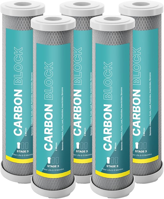 NU Aqua Reverse Osmosis Carbon Block Filter 10 Inch Replacement - 5 Micron Universal RO Water Filtration System Cartridge - 5 Pack of Premium Filters