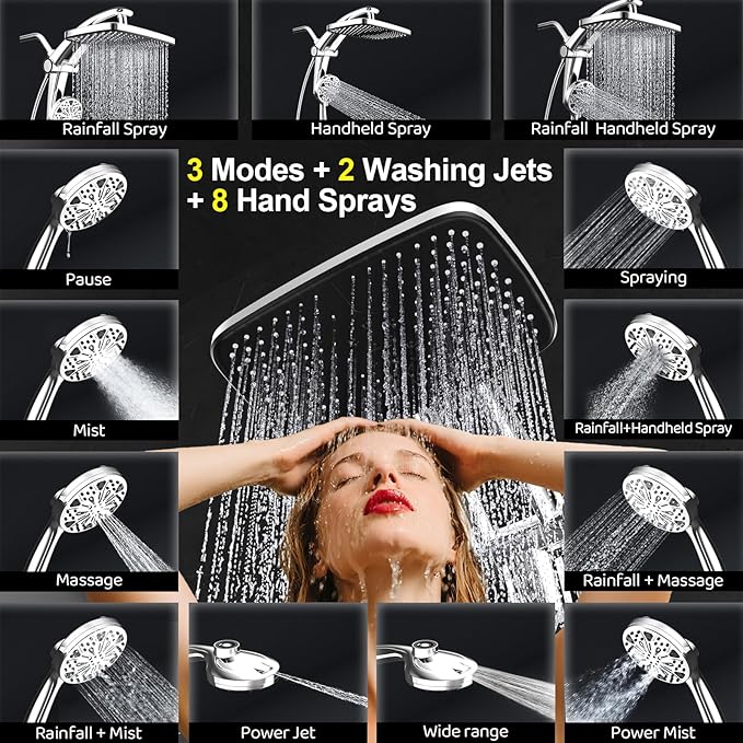 Rain Shower Head with Handheld High Pressure rainfall Shower Heads with Handheld Spray Combo Adjustable one-piece stand daul shower head Built-in Magnetic Docking and Power Jets