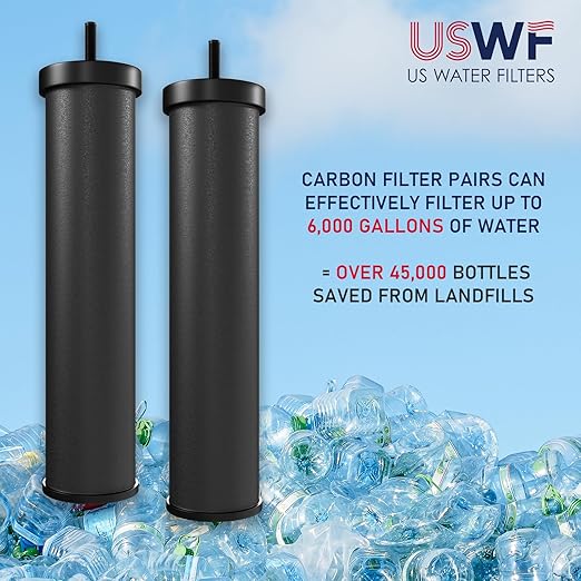 USWF Gravity Fed Water Filter System, 2.25 Gal Stainless Steel, w/ 2 Carbon Filters, Portable w/Metal Sight Glass Spigot & Stand, NSF/ANSI 372 Certified