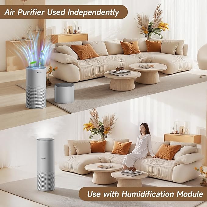 Afloia Humidifier and Air Purifier in One, Air Purifier and Evaporative Humidifier Combo for Home, 24dB Quiet Air Cleaner Remove Pets Dust Dander Hair Allergy Pollen Smoke Smell for Room, Grey