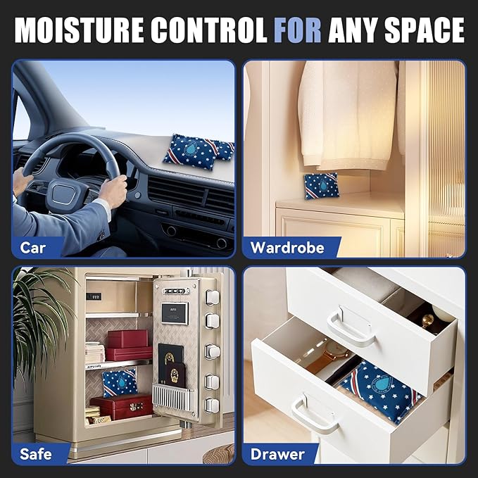 Rechargeable Dehumidifier Bags 5 Pack (100g Each) - Silica Gel Moisture Absorbers for Closet, Car, Gun Safe, Garage Storage, RV - Reusable by Microwave Heating