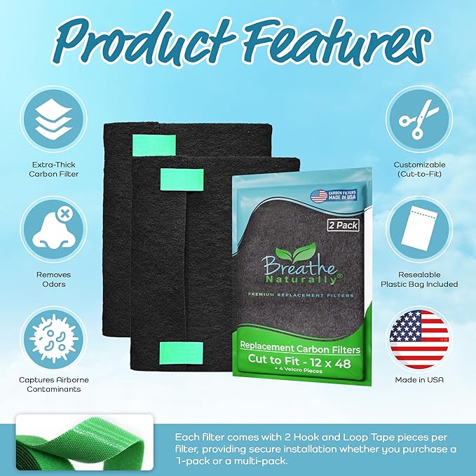 Breathe Naturally Universal Cut To Fit Carbon Activated Air Filter - Replacement Charcoal Filters - Pre Filter Carbon Sheet for Air Purifier, Vent Filters & More - Packed in USA (Pack of 2, 12x48)
