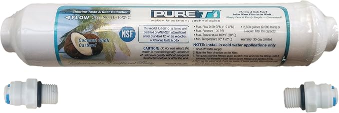 Inline Graduated Activated Carbon Water Filter - Whole House Carbon Block Cartridge Chlorine, Taste & Odor Reduction - 10 Inch