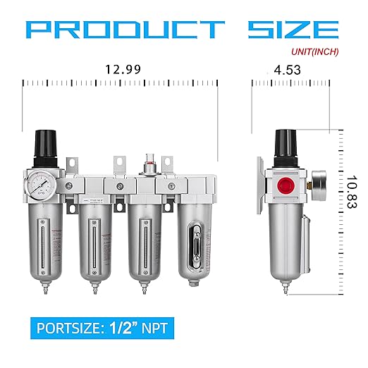 NANPU 1/2" NPT Industrial Grade 4 Stage Air Drying System - Double Particulate Filters, Coalescing Filter, Desiccant Dryer & Air Regulator, Metal Bowl, Manual Drain, for Paint Spray＆ Plasma Cutter