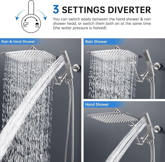 G-Promise All Metal 14 Inches Rainfall Shower Head with Handheld Spray Combo, 3 Settings Diverter, Adjustable Extension Arm with Lock Joints, 71 Inches Stainless Steel Hose (Brushed Nickel)