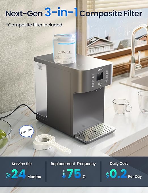CF01 Reverse Osmosis Countertop Water Filter, 8 Stage Nano RO Water Filtration System, Home Water Purifier, 4:1 Pure to Drain Ratio, No Installation Required, Grey