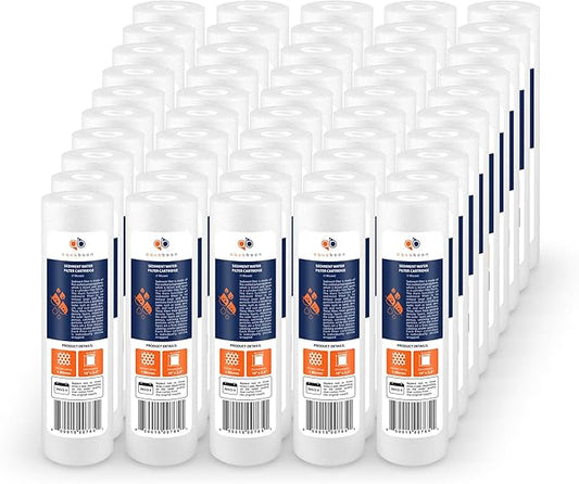 Aquaboon 1 Micron Whole House Sediment Filter 10 x 2.5 for RO & Well Water Filters Replacement Cartridges Compatible with AP110, WHKF-GD05, 50 Pack