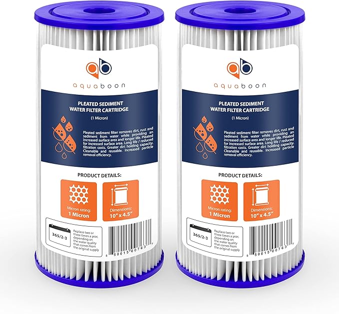 Aquaboon 1 Micron Pleated Water Filter 10 x 4.5 for Whole House Sediment Water Filter Replacement Compatible with Well Filters FXHSC, R50-BBSA (2-PACK)