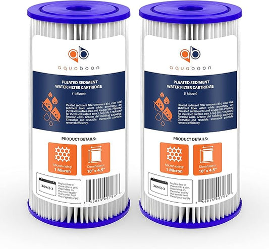 Aquaboon 1 Micron Pleated Water Filter 10 x 4.5 for Whole House Sediment Water Filter Replacement Compatible with Well Filters FXHSC, R50-BBSA (2-PACK)