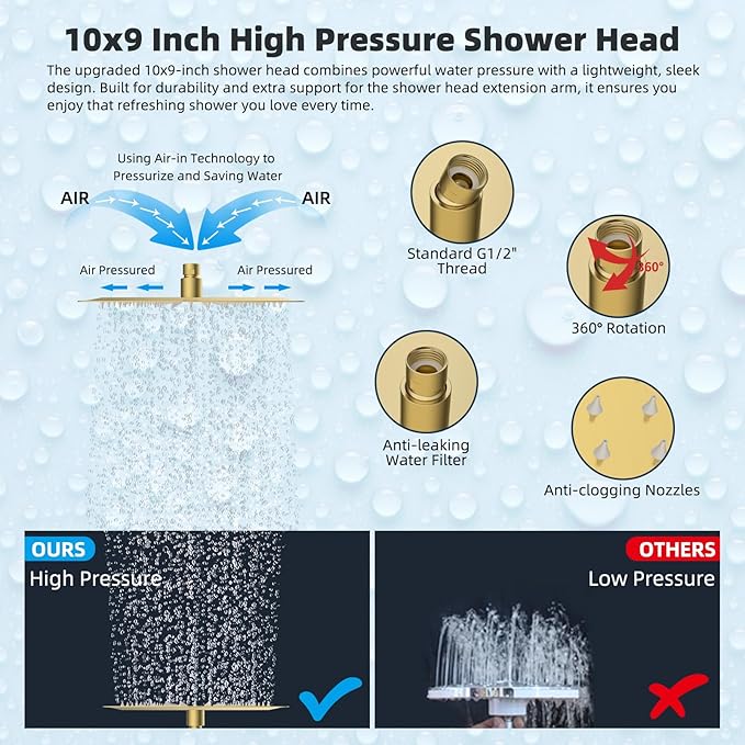 Hibbent All Metal 10'' Rainfall Shower Head, Shower Head Combo, High Pressure Handheld Shower Wand, 4 Sprays, 16'' Adjustable Arc-shaped Extension Arm, 71'' Hose, Showerhead Holder, Brushed Gold