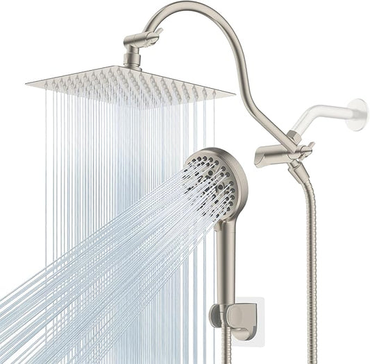 Hibbent All Metal Shower Head, 8'' High Pressure Rainfall Shower Head, Handheld Showerhead Combo with 12'' Adjustable Curved Extension Arm, 10-Spray, 71'' Hose, Showerhead Holder, Brushed Nickel