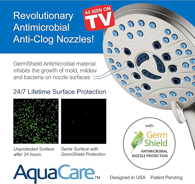 Hotel Spa AquaCare As-Seen-On-TV High Pressure 50-mode Rain & Handheld 3-way Shower Head Combo - Anti-clog Nozzles/Tub, Tile & Pet Power Wash/Extra Long 6 ft. Stainless Steel Hose/Nickel Finish