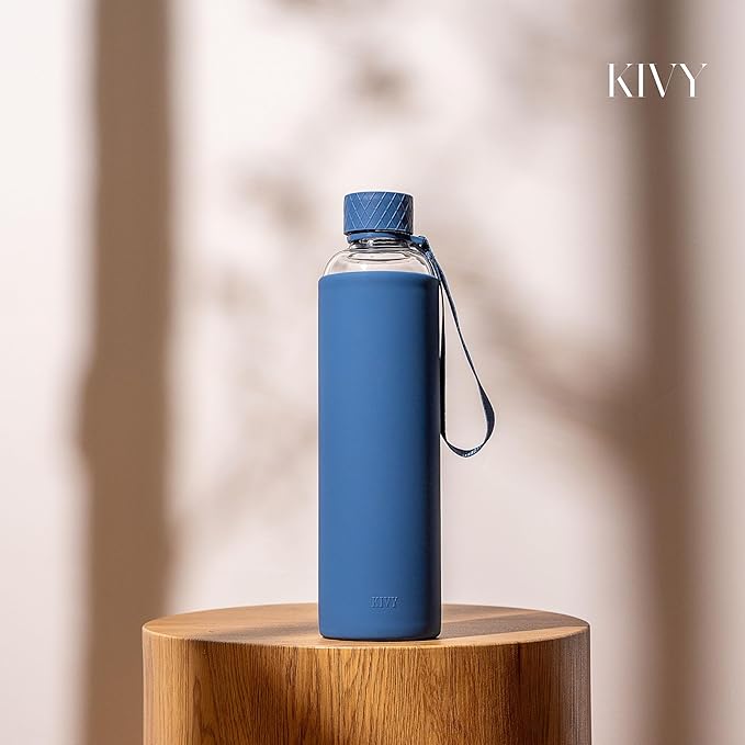 KIVY Glass Water Bottle with Silicone Sleeve 32 oz [WITH MEASUREMENT] - Borosilicate Glass Water Bottle Screw Top - Clear Bottles with Measurement Marking - Slim Waterbottle Aesthetic - Blue