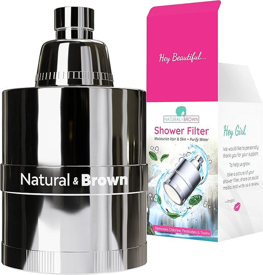 Natural & Brown Shower Filter - Natural Hair & Skin Product for Women, Moisturize, Detangler, Anti Shrinkage, Skin Eczema Approved, Purifies for Hard Water, Removes chlorine Chloramine, Vitamin C
