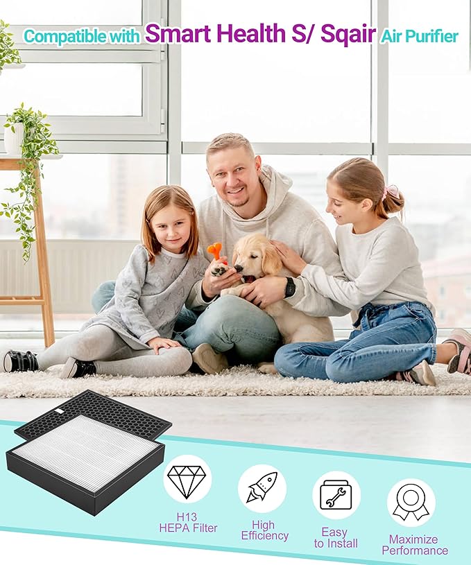 S Filter Replacement Compatible with Smart Health/Sqair Air Purifier, 3-in-1 Filtration with Activated Carbon Filter