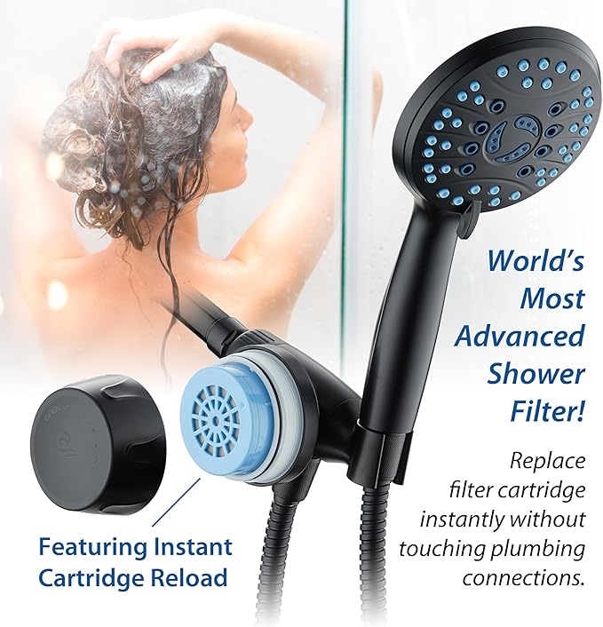 Skin & Hair by AquaCare - World's Most Advanced Shower Filter for Hand Showers with ON/OFF Filtration Modes,Instant Cartridge Reload,Built-in Bracket & Stay-Clean Enriched KDF Cartridge/Matte Black