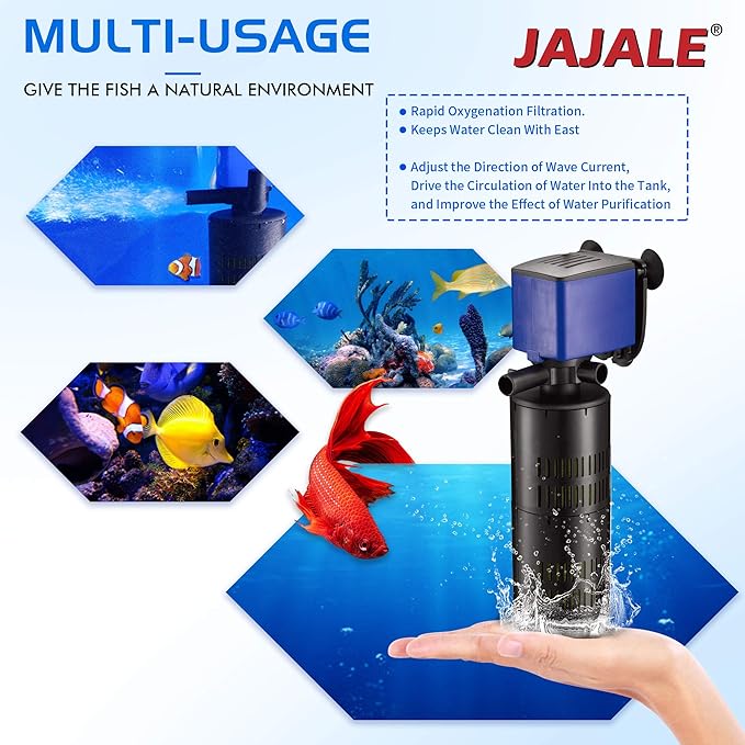 320 GPH Internal Filter Submersible Pump - 3 in 1 Aquarium Fish Tank Pump with Oxygenation, Filtration & Water Cycling, 3.9 ft max lift, 20W