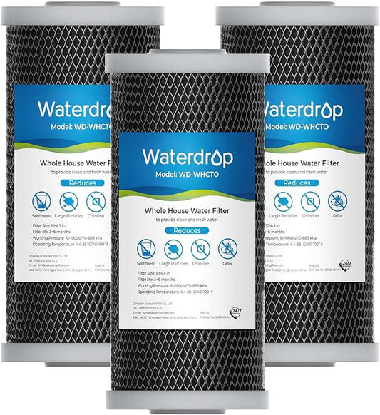 Waterdrop Whole House CTO Carbon Sediment Water Filter Cartridge Replacement for GE® FXHTC, GXWH40L, W10-PR, Culligan® RFC-BBSA,10"X4.5", 5 Micron, 3Pack