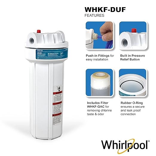 Whirlpool Under Sink Water Filtration System WHKF-DUF | Push-in Quick Connect, 1 Carbon Filter & Installation Kit Included | Reduces Chlorine Taste & Odor, Sediment