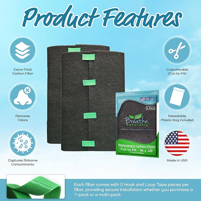 Breathe Naturally Universal Cut To Fit Carbon Activated Air Filter - Replacement Charcoal Filters - Pre Filter Carbon Sheet for Air Purifier, Vent Filters & More - Packed in USA (Pack of 4, 16x48)