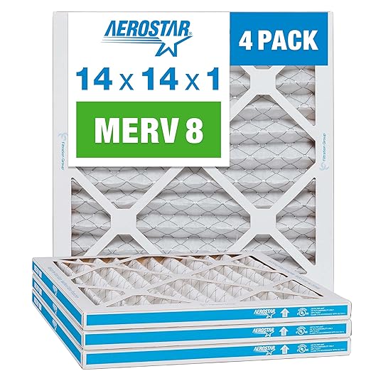 Aerostar 14x14x1 MERV 8 - 4 Count - Pleated HVAC, Furnace & Air Conditioner Filters - Removes Dust, Lint, Mold & Allergy-Causing Pollen