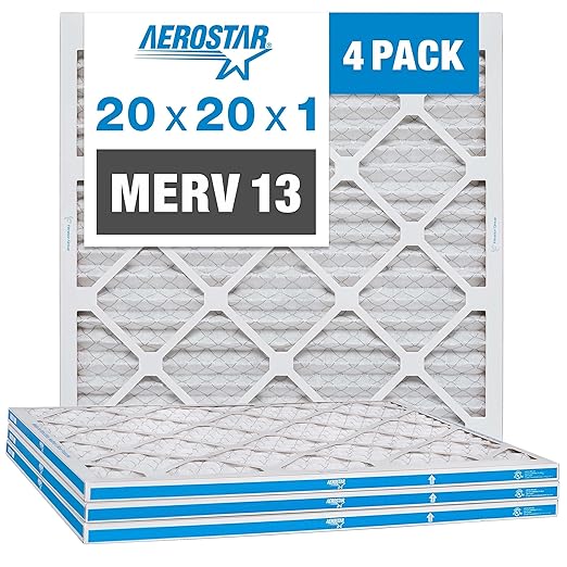 Aerostar 20x20x1 MERV 13 - 4 Count - Pleated HVAC, Furnace & Air Conditioner Filters - Removes Bacteria, Dust, Cold & Flu Germs, Lint, Mold, Pet Dander, Allergy-Causing Pollen, Smog, Smoke & Viruses