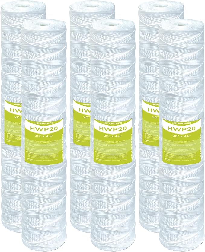 20 Micron Whole House Water Filter Cartridge, String Wound Sediment Filters for Well Water, Universal Replacement for Any 20 inch Big Housings - 20" x 4.5" Cartridges - Pack of 6