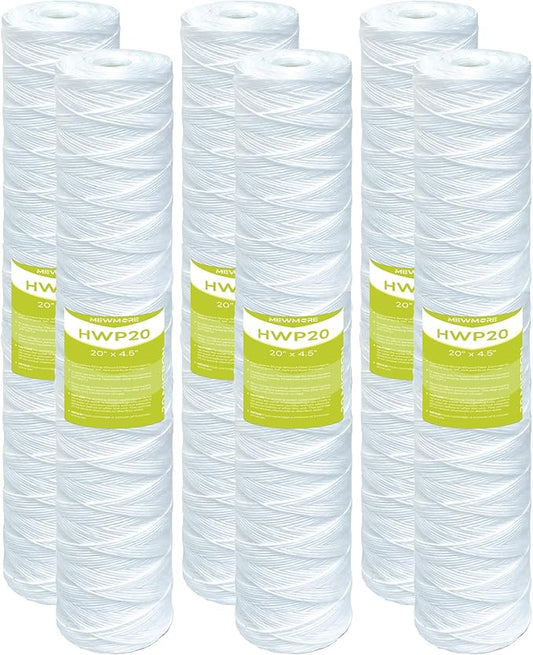 20 Micron Whole House Water Filter Cartridge, String Wound Sediment Filters for Well Water, Universal Replacement for Any 20 inch Big Housings - 20" x 4.5" Cartridges - Pack of 6
