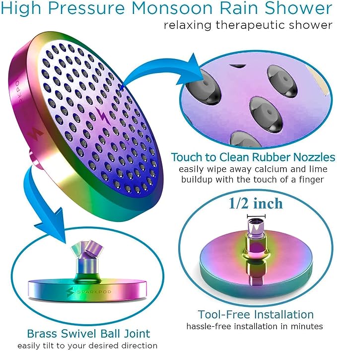 SparkPod Shower Head - High Pressure Rain - Premium Quality Luxury Design - 1-Min Install - Easy Clean Adjustable Replacement for Your Bathroom Shower Heads (Radiant Rainbow, 6 Inch Round)
