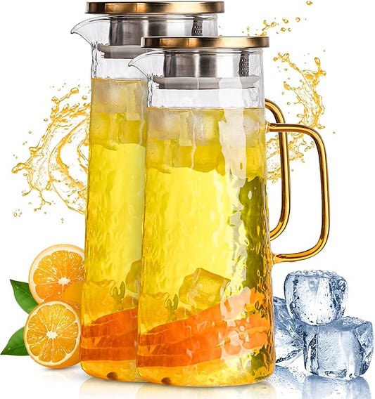 Glass Water Pitcher with Stainless Steel Lid, 2 Pack, 50 oz 1.5L - Borosilicate Glass Jug, Heat Resistant Carafe with Filter, Golden Vintage Design