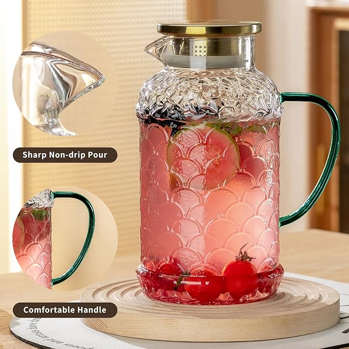 2 PACK Glass Pitcher with Lid,68 oz/2 Liter Fish Scale Design Water Pitcher,Clear Borosilicate Glass Water Carafe for Cold Brew, Coffee, Lemonade, Iced Tea,Heat Resistant Water Glass Jug