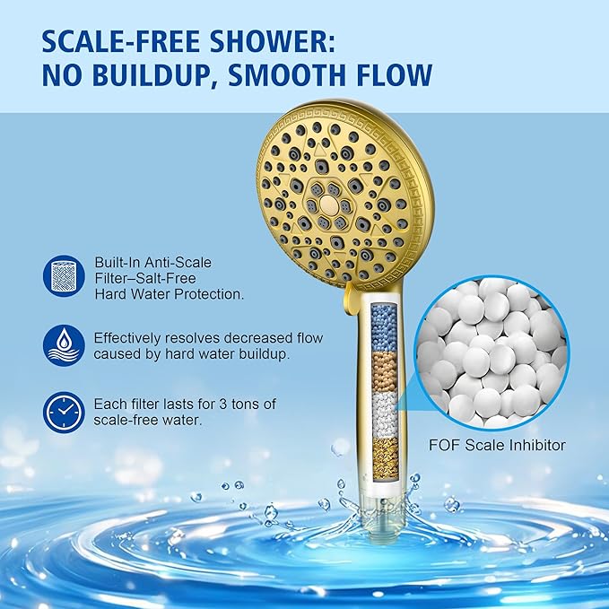 SUMERAIN Filtered Shower Head with Hard Water Filter - 9-Spray FOF ScaleBlock & Vitamin C Skin Care, 3-Month Cartridge for California/Texas/Illinois, Brushed Gold